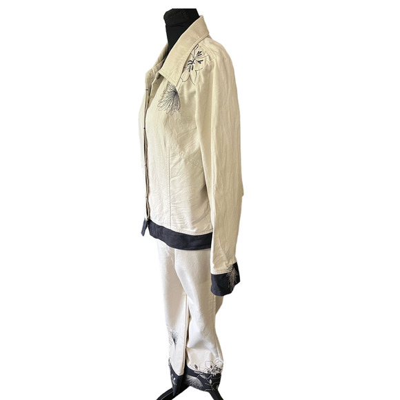 Vintage Susan Bristol Tan and Black Floral Embroidered Cotton Pants Suit, Size L - Picture 2 of 13